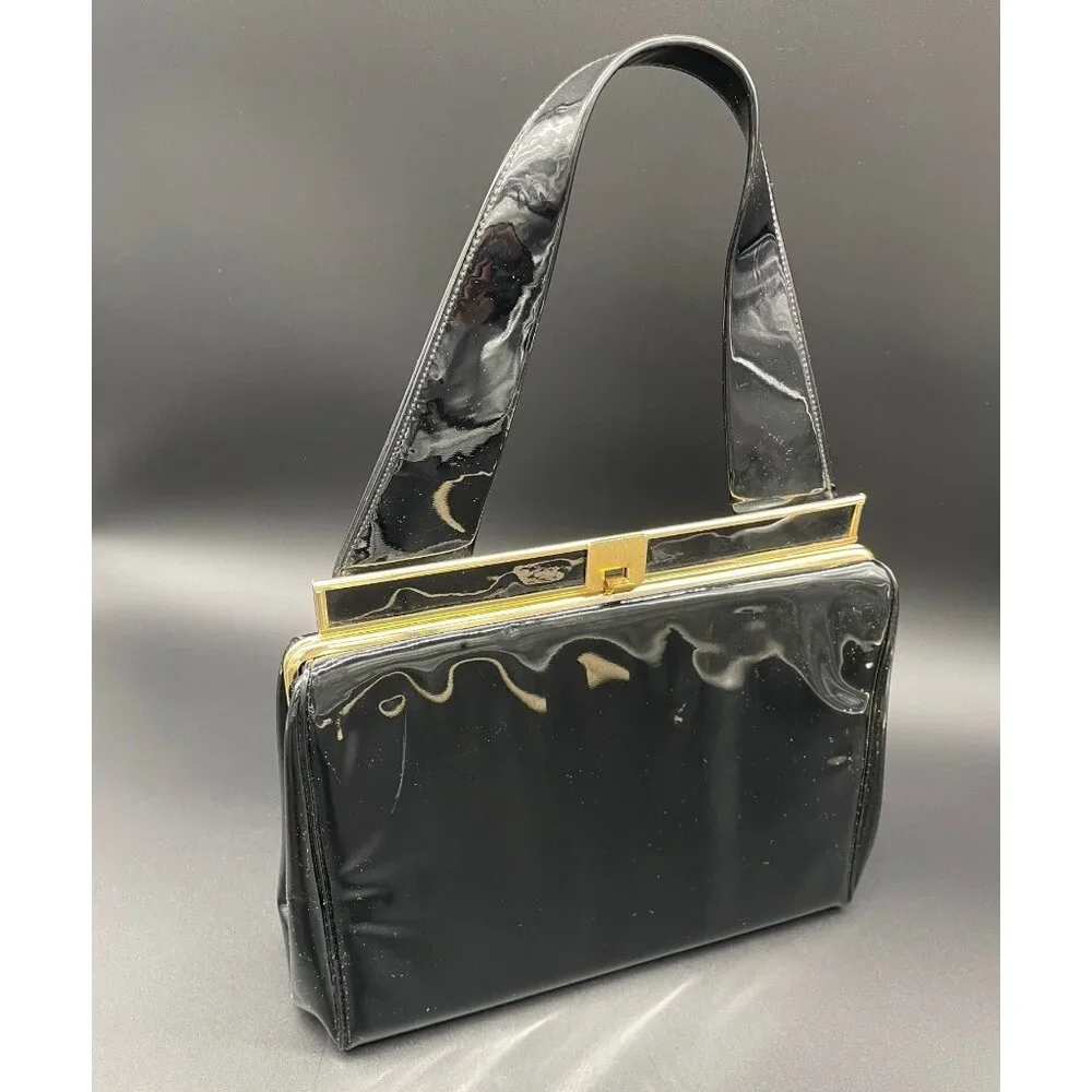 Vintage Black Patent Leather Handbag Gold Tone Memphis Cotton Carnival 1965 Card - Picture 1 of 10